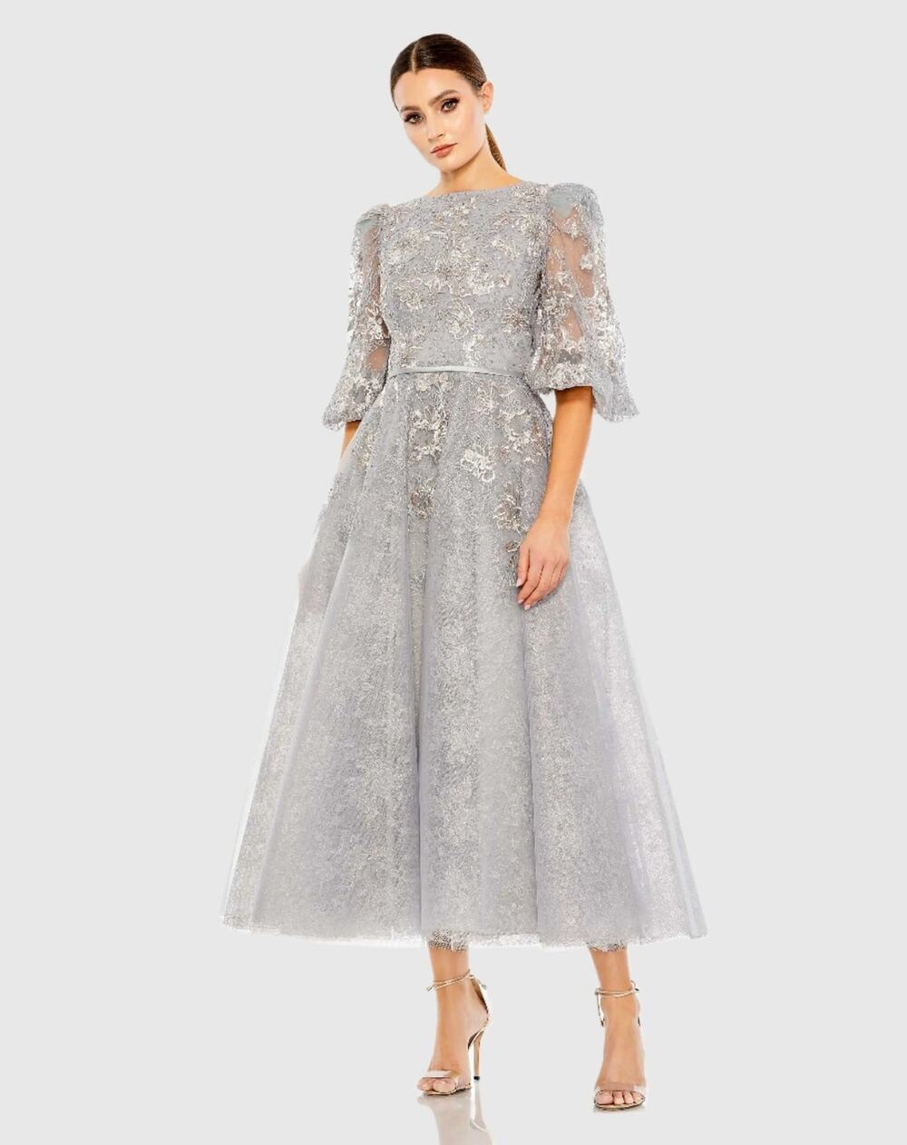 NWT Mac Duggal Platinum High Neck Puff Sleeve Lace Midi Dress Style 20418 Size 8